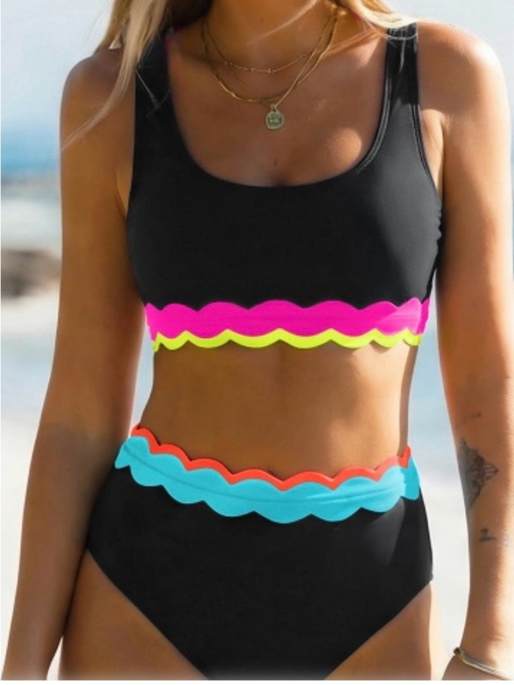 Popvil Black Scalloped Two-Piece Bikini with Neon Trim